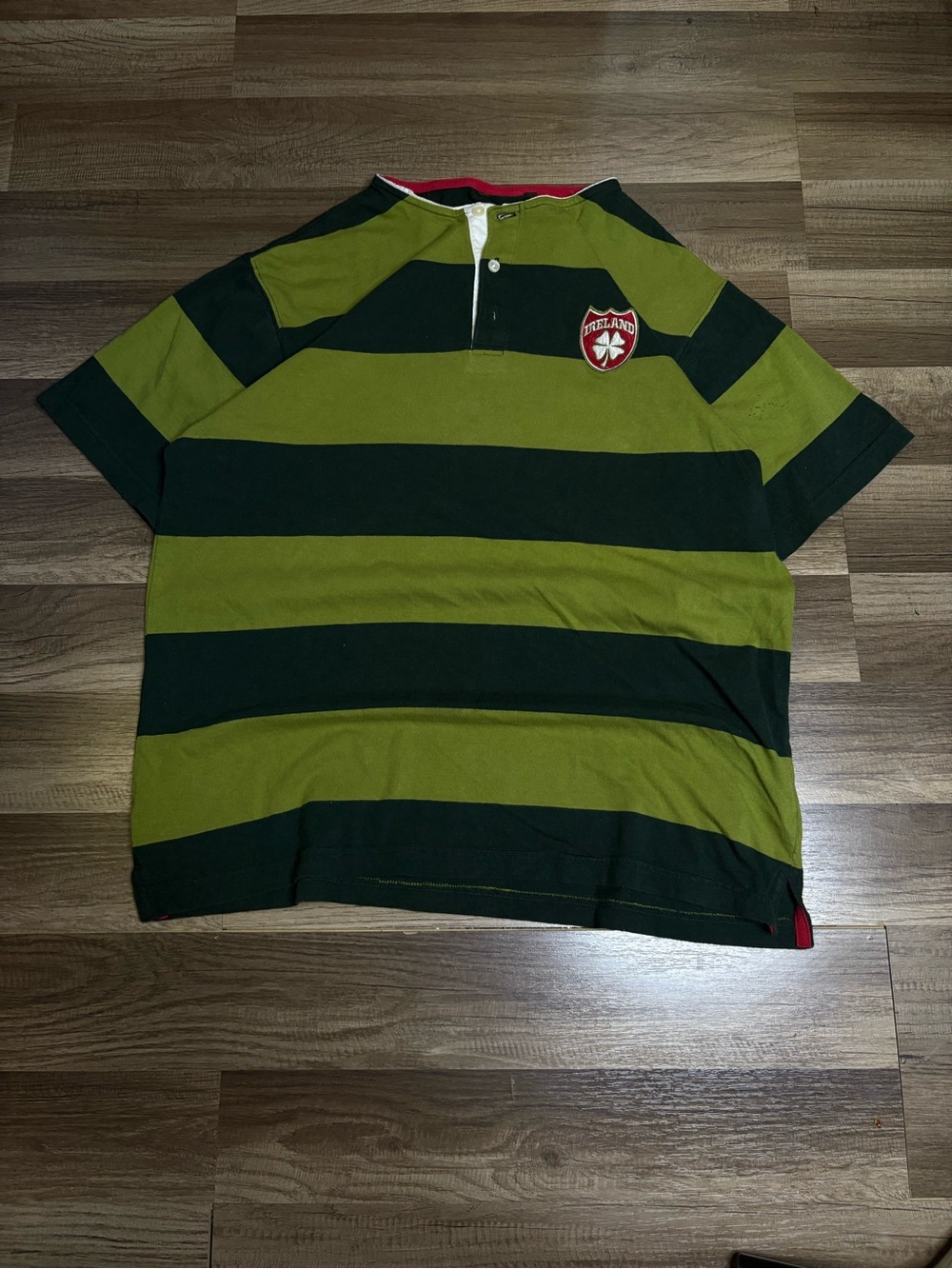 Men's Green Black Striped Irish Polo Shirt L Short Sleeve Collared Crest Logo